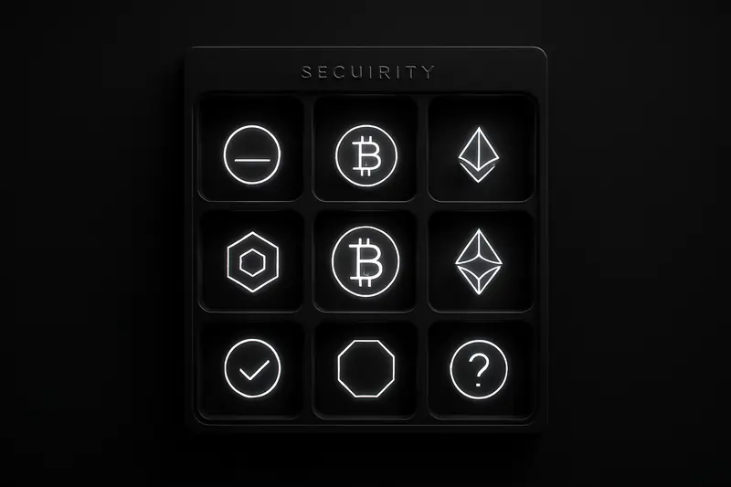 Glowing geometric coins arranged inside a metallic grid, with some squares lit and others dark, on a black background.
