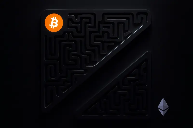 On a black background, a luminous circuit-board maze shows a sharply carved hollow path, with faint grid lines and scattered data sparks.