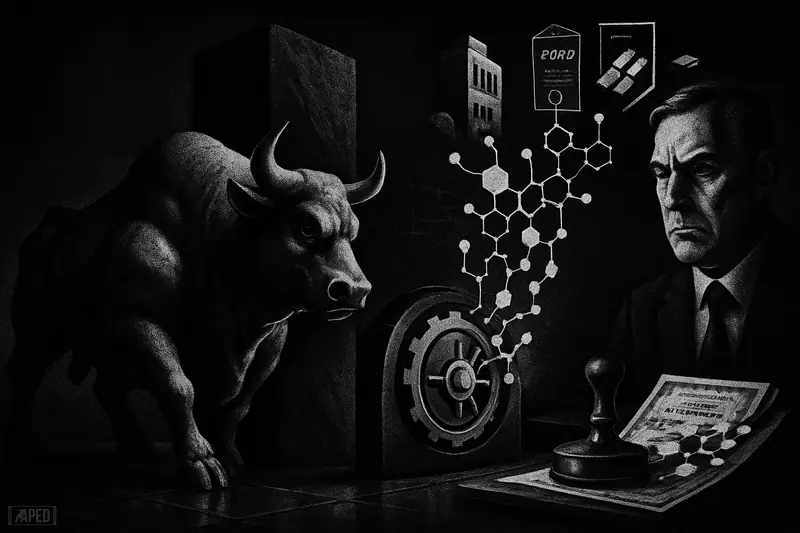 A monochrome bullish finance scene with a muscular bull, black monolith, and tokenized assets turning into digital blocks on a dark trading floor.