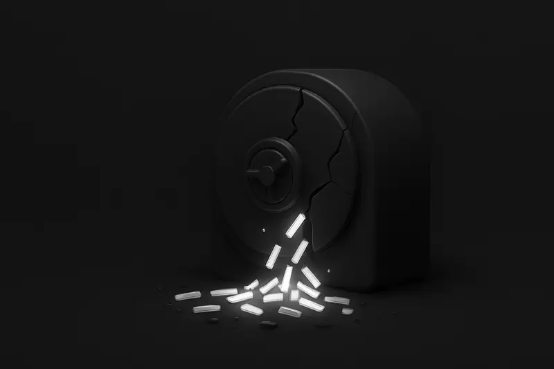 On a black background, a cracked steel vault leaks neon fragments and floating coin-like orbs into darkness.