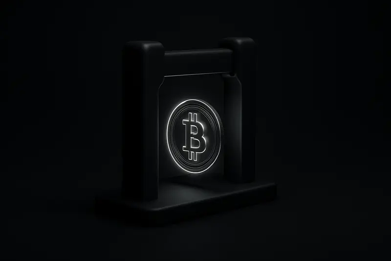 A luminous coin glides through a sleek checkpoint arch, leaving tangled paperwork shards behind on a dark background.