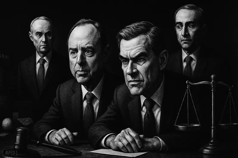 Schiff and Curtis confront betting-market figures at a dark Senate-style table, surrounded by gambling props, a gavel, and shadowy market screens.