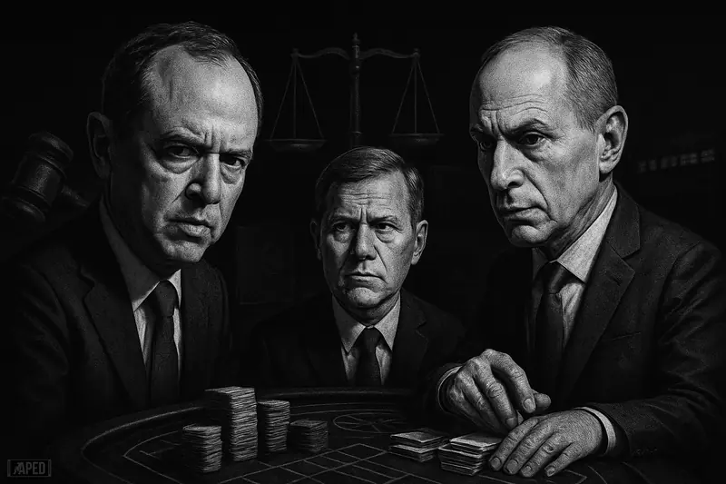 Three senator and exchange executive caricatures stand over a betting-trading table with gavels, scales, and a dark market backdrop.
