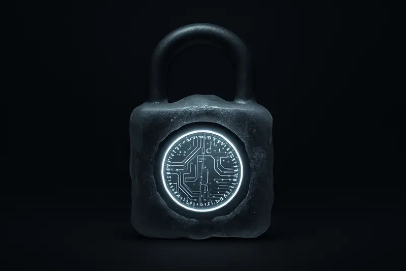 Glowing circuit-etched coin trapped inside a frosted padlock, with cold vapor and faint grid lines on a black background