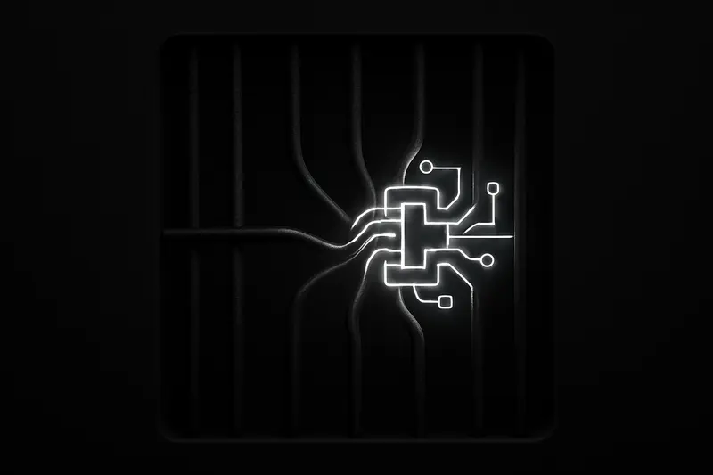 Dim prison bars morph into neon circuit lines around a small glowing coin, set against a black, smoky background.