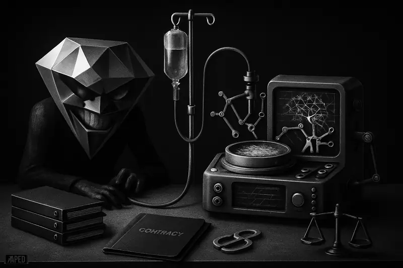 A dark biotech lab scene shows a gemstone creature powering an AI drug machine through a capital drip, with finance props in monochrome.