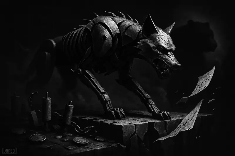 A gaunt robotic wolf teeters on a cracked ledge as broken trading pillars and a shadowy bear signal a sharp crypto selloff.