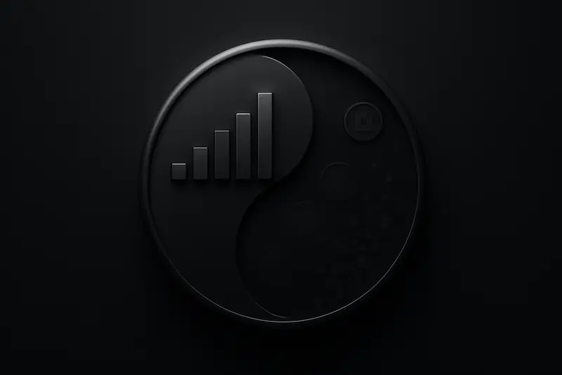 Dark split circular emblem showing a rising neon grid on one side and dissolving pixelated coin shapes on the other.
