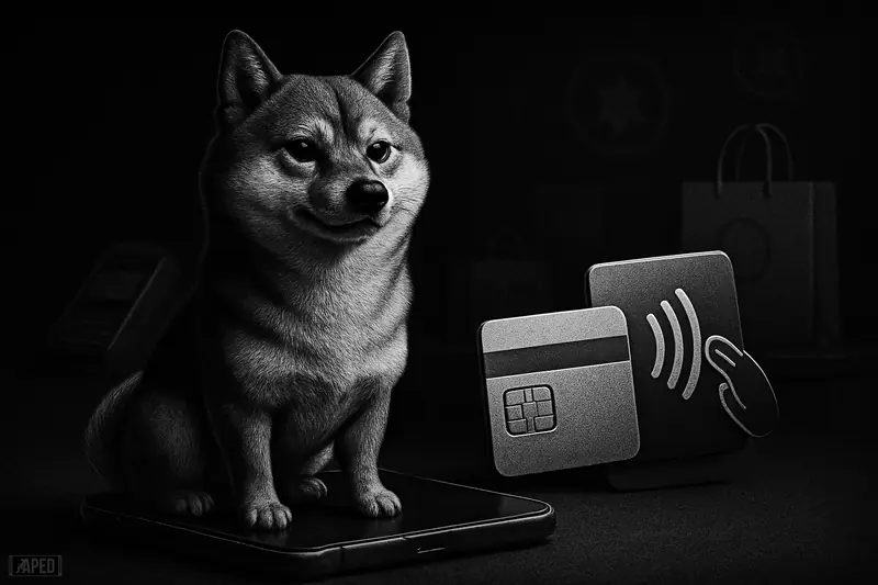 A confident Shiba Inu stands on a smartphone wallet amid payment devices in a dark Japanese retail scene rendered in monochrome grayscale.