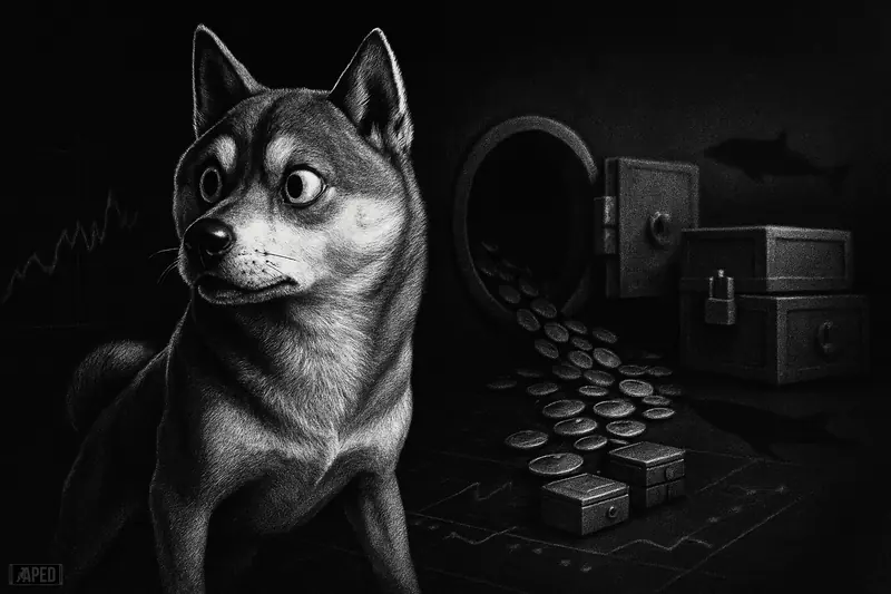 A stern Shiba Inu stands before dark vaults as token-like discs stream away toward locked storage and looming whale silhouettes.