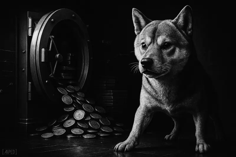 A dramatic grayscale Shiba Inu stands before an open vault as token-like discs flow into darkness against a faint data-grid backdrop.