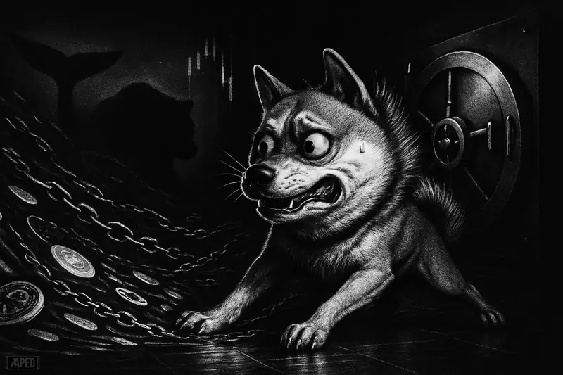 A grayscale Shiba Inu braces against a dark tidal pull toward a vault, with bearish shadows and faint analytical data forms behind.
