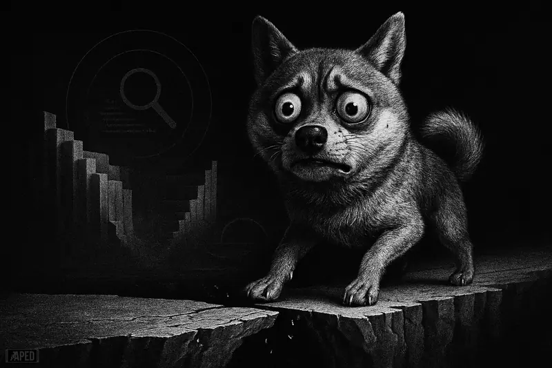 A grayscale Shiba Inu caricature stands on thin cracked ice above a collapsing depth canyon, with subtle market-tracker and intelligence props behind.