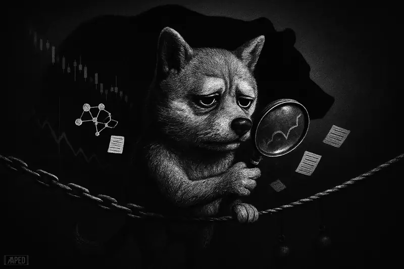 A tired Shiba Inu meme dog balances on a chain tightrope as a looming bear shadow presses it down amid faint market data.