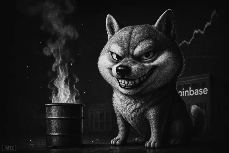 A dramatic grayscale Shiba Inu stands by a small burn barrel in a dark financial scene with faint trading motifs and rising market cues.