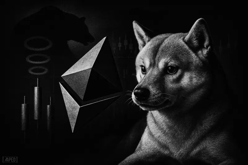 A tense Shiba Inu braces to surge while a dark ethereum crystal and looming bear shape signal bearish pressure in a monochrome market scene.