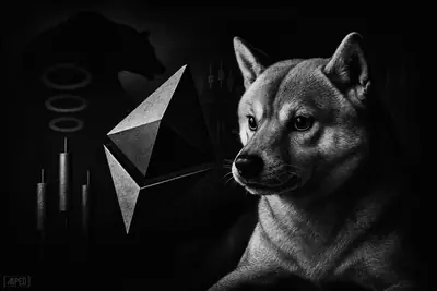 A tense Shiba Inu braces to surge while a dark ethereum crystal and looming bear shape signal bearish pressure in a monochrome market scene.