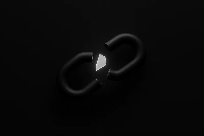 A dark metallic chain with one fractured link, a glowing shard missing, and faint neon blockchain nodes on black.