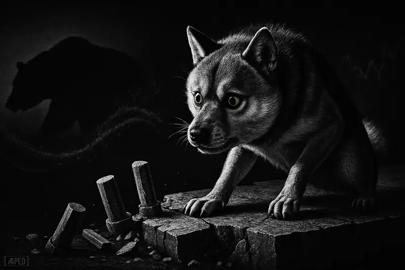 A distressed Shiba Inu stands on a collapsing ledge while a shadowy bear and drifting particles reinforce a bleak market breakdown.
