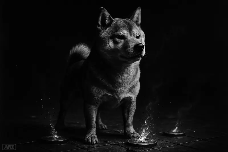 A dramatic grayscale Shiba Inu stands proudly amid smoldering burned token fragments on a dark trading-floor scene with a faint data grid.