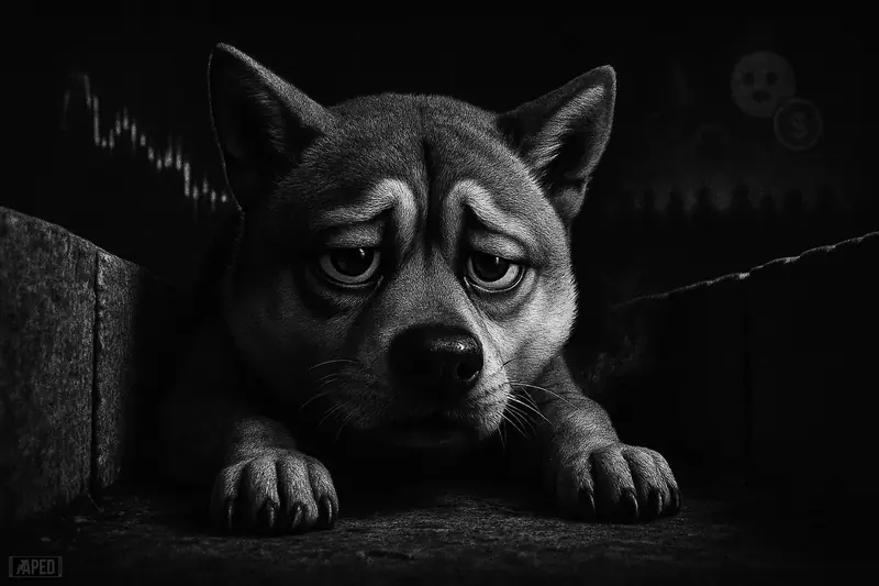 A grayscale Shiba Inu lies trapped between narrow barriers, with compressed chart lines and fading crowd shapes in a dark data-grid scene.
