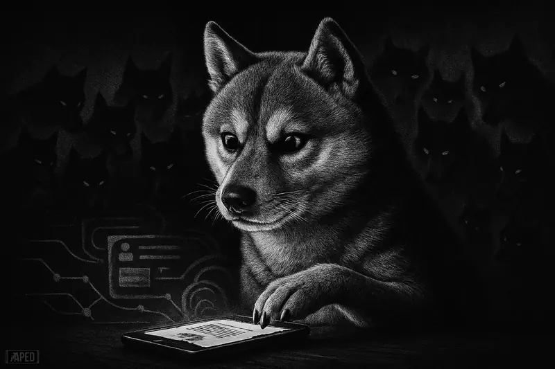 A dramatic grayscale Shiba Inu studies a glowing phone while shadowy supporters gather behind in a dark, rumor-filled crypto scene.