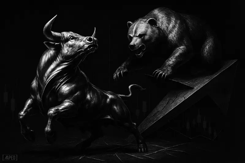 A metallic silver bull surges upward as a shadowy bear crouches behind on a cracked chart-like platform in a dark grayscale scene.