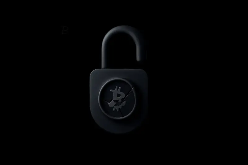A cracked, glowing coin fragment trapped inside a heavy steel padlock, with dark digital shards floating on black.