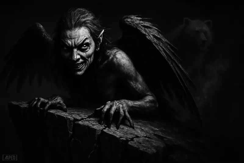 A dark siren clings to a cracking cliff above falling candlestick pillars as a smoky bear looms in a grayscale financial storm.