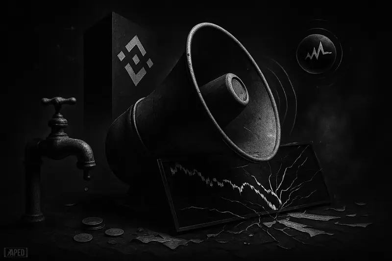 A toppled air-raid siren crushes a shattered trading screen with a plunging chart, amid a dark data-grid finance backdrop.