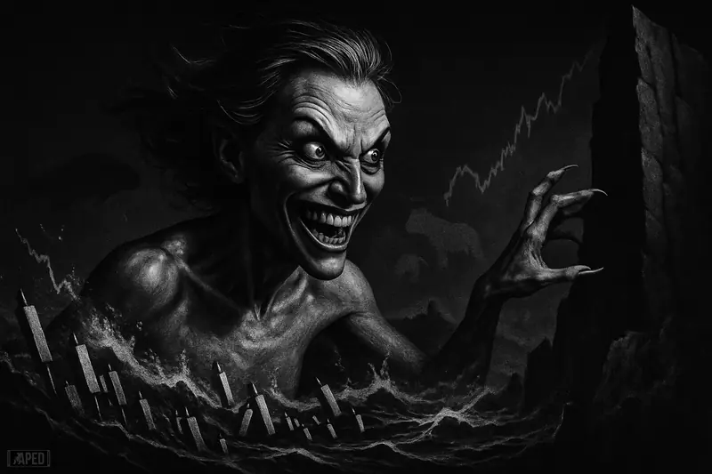 A dramatic grayscale siren rises from chart-like waves toward a looming resistance wall in a dark, data-grid seascape.
