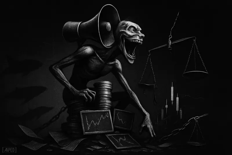 A metallic siren-creature looms over unstable coin stacks and broken market structures in a dark grayscale scene of euphoric but risky crypto momentum.