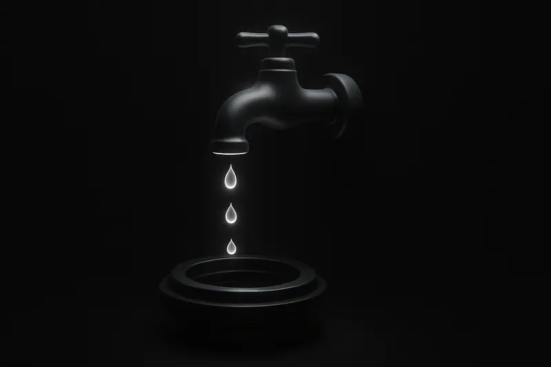 A neon-blue faucet dripping fewer glowing droplets into a dark circular ring that contracts like a tightening halo on black.