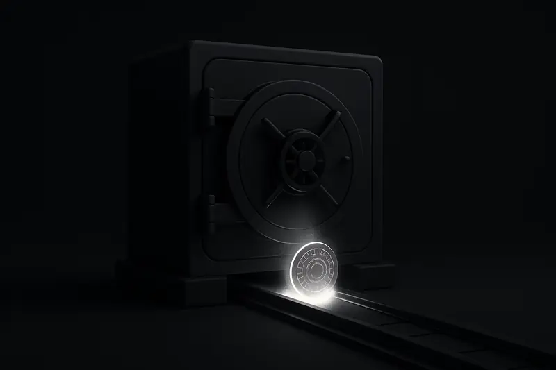 A matte-black bank vault door emits a soft glow as a luminous coin forms on sleek metallic rails in darkness.