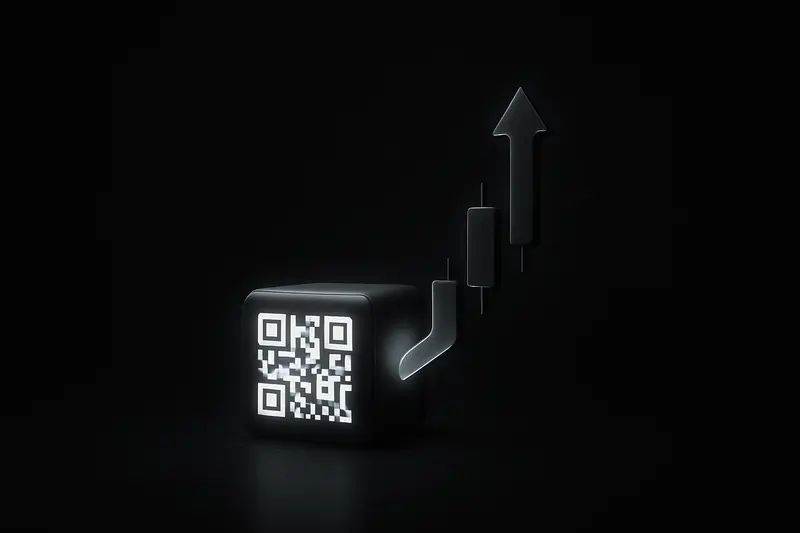 Glowing neon QR-code cube fused into an upward candlestick chart, floating over a dark Tokyo-like skyline with faint circuit lines.