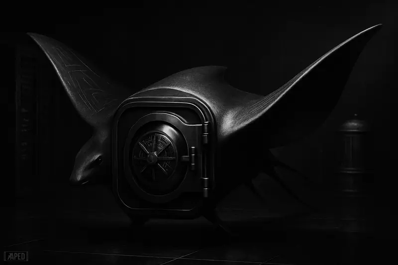 A vault-like manta ray enters a dark futuristic lab, carrying encrypted latticework amid servers and faint blockchain patterns in stark grayscale.