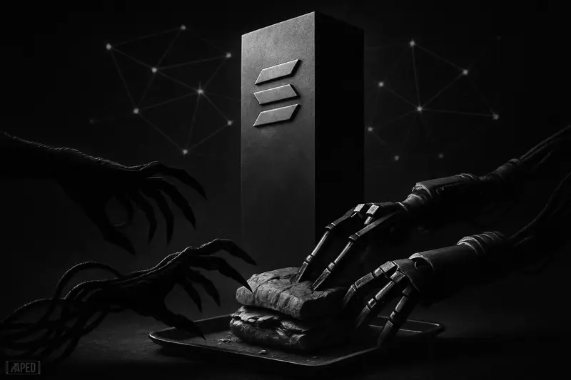 A towering validator machine looms over a trapped sandwich attack as many robotic hands enforce order beneath a dark grid and constellation nodes.