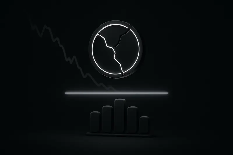 Cracked neon coin hovering over a bright horizontal support line, with red falling shards and faint green upward arrows on black.