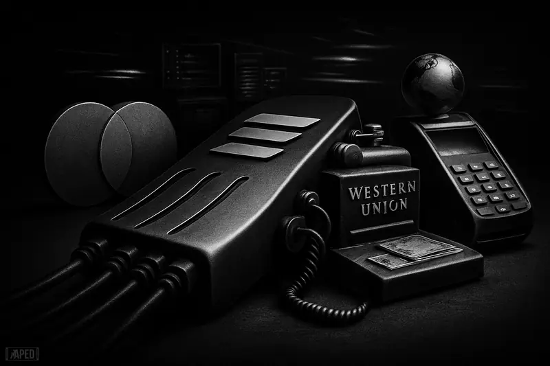 A dark, grayscale scene of a futuristic payment rail machine connected to partner symbols: overlapping discs, a wire-transfer telegraph, and a globe terminal.