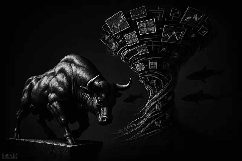 A strained metallic bull balances on a cracking pedestal before a massive DeFi storm and circling whales in a dark grayscale scene.
