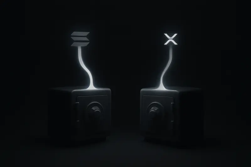 Two luminous liquid streams split across a dark background, one flowing into a steel vault, the other into a glass jar.
