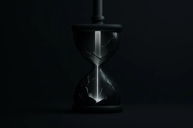 A luminous stream of particles pours into a cracked glass vessel as dark crystalline shards fall around it on black.