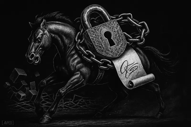 A monochrome racehorse caricature, weighed down by massive locklike quantum cryptography gear, struggles forward against a dark data-grid backdrop.