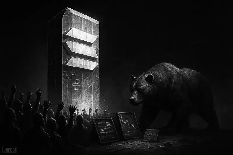 A towering faceted Solana-like monolith rises over shadowy investors as a bear prowls nearby in a dark grayscale data-grid scene.