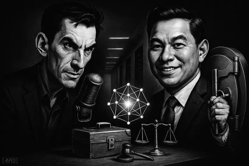 Two suited men in a tense podcast-style exchange beside a vault, gavel, and scales, framed by servers and a dark data grid.