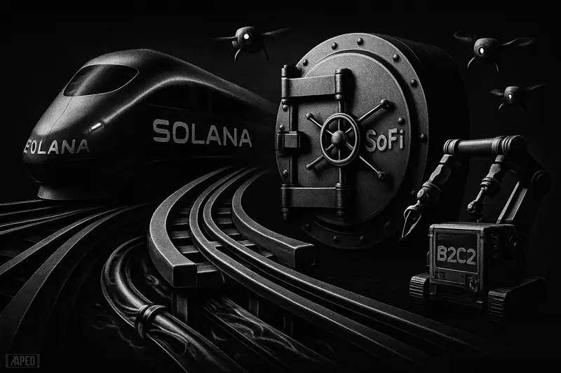 A futuristic grayscale rail hub merges banking vaults, trading machines, and AI drones in a dark cinematic infrastructure scene.