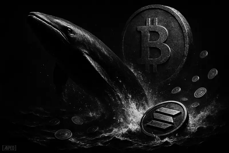 A dramatic grayscale whale surges through metallic crypto tokens as one leading token rides the wave beneath a dark data-grid sky.