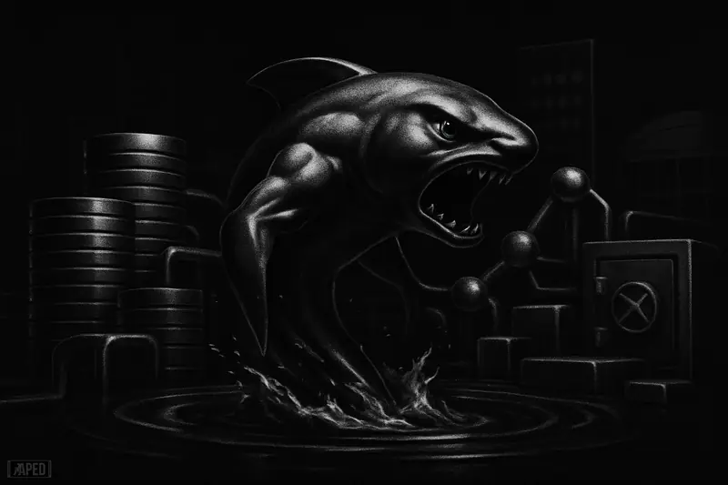 A monochrome sea-creature caricature rises from metallic liquidity pools amid DeFi machinery and asset vaults in a dark cinematic market scene.