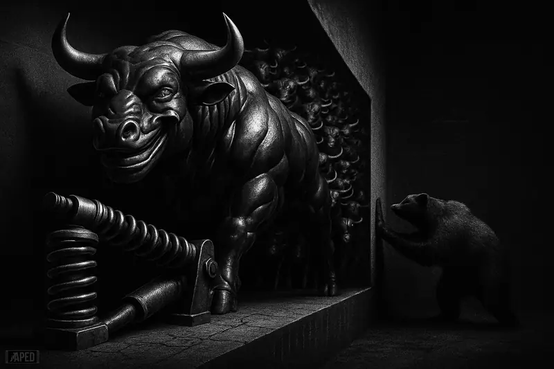 A metallic bull crowding into a tight corridor with many bulls behind, a shadowed bear watching, and tense spring-like leverage machinery.