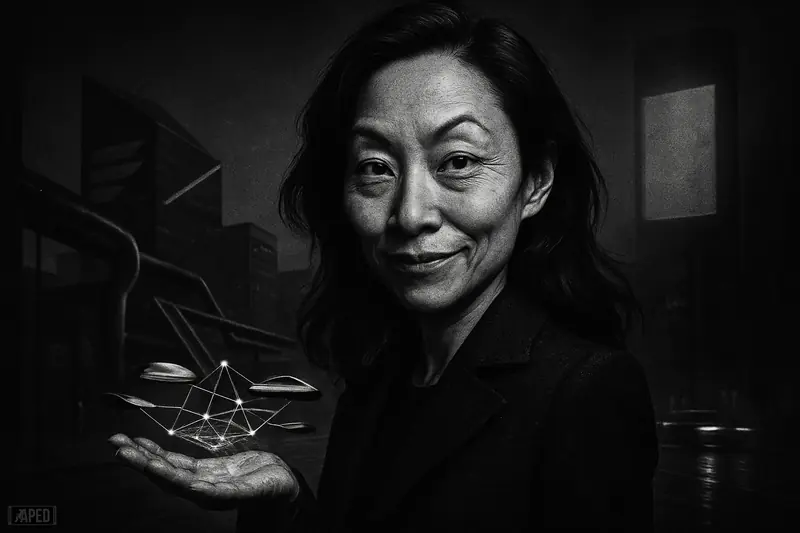 Lily Liu stands in a dark San Francisco street as AI payment flows and sleek crypto infrastructure surround her in monochrome.